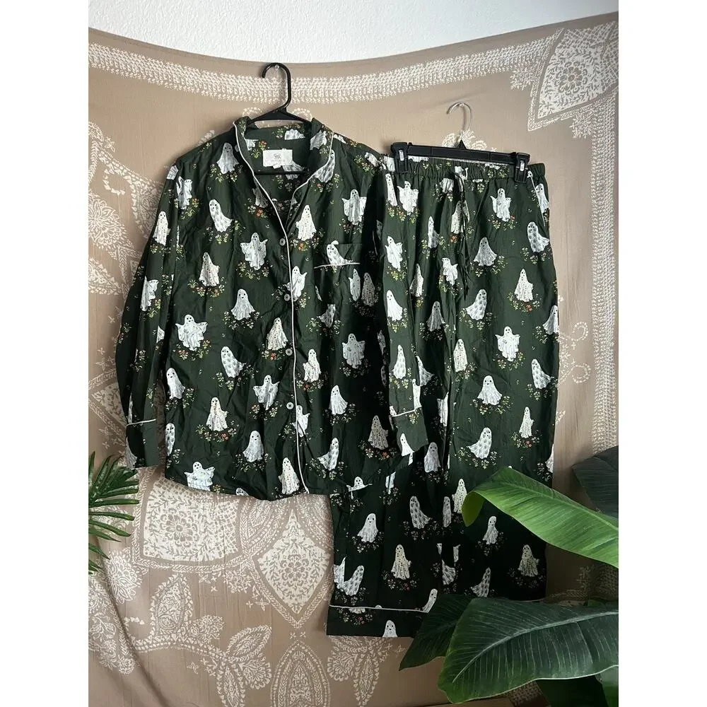 Printfresh Gardening Ghosts Long PJ Set Overgrown Moss Green M